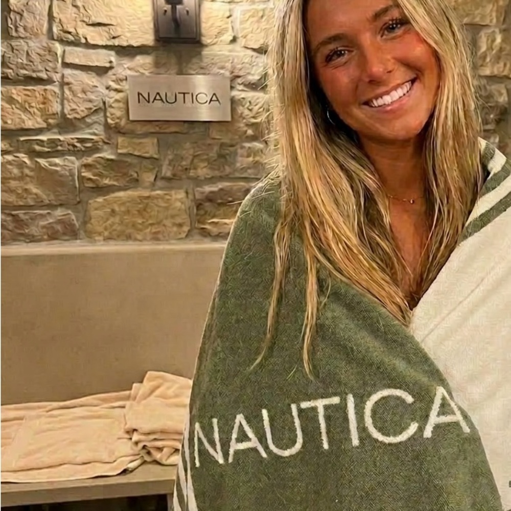 Nautica Olive Green & White Striped Towel Letters on the backside are inverted.